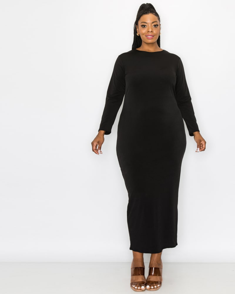 Front of a model wearing a size 1X Evalina Midi Dress in Black by L I V D. | dia_product_style_image_id:243917